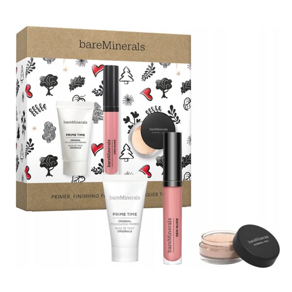 bareMinerals Primer Finishing Powder & Lip Lacquer Trio zestaw baza pod podkład 15ml + błyszczyk do ust 3.7ml + mineralny puder utrwalający 0.75g