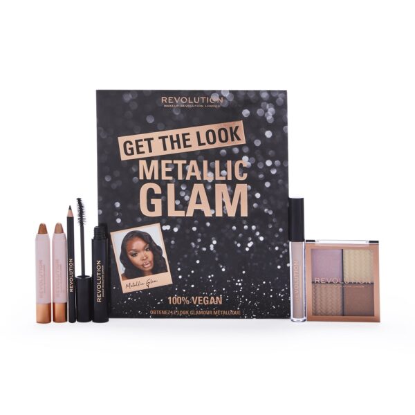 Makeup Revolution Get The Look: Metallic Glam Makeup Set zestaw Shimmer Shadow Stick Glam 2.5g + Shimmer Shadow Stick Crush 2.5g + Eye Primer 2.5ml + Mascara Black 8g + Khol Eyeliner Black 1.15g + Highlight Quad 4x1g