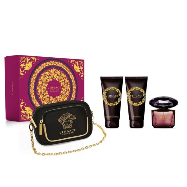 Versace Crystal Noir zestaw woda toaletowa spray 90ml + balsam do ciała 100ml + żel pod prysznic 100ml + torebka