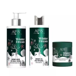 APIS Winter Dream zestaw krem do ciała i dłoni 300ml + żel pod prysznic 300ml + naturalna świeca sojowa 220g