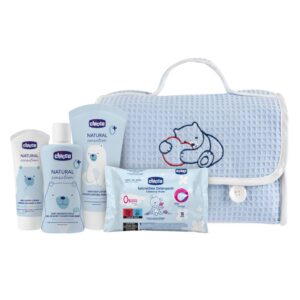 Chicco Natural Sensation Blue zestaw płyn do mycia ciała i włosów 200ml + balsam do ciała 150ml + krem do pieluszki 4w1 100ml + chusteczki oczyszczające 16szt