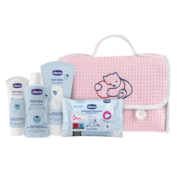 Chicco Natural Sensation Pink zestaw płyn do mycia ciała i włosów 200ml + balsam do ciała 150ml + krem do pieluszki 4w1 100ml + chusteczki oczyszczające 16szt