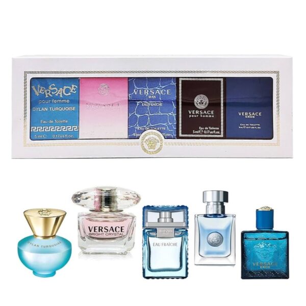 Versace Miniatures Collection zestaw Dylan Turquoise woda toaletowa 5ml + Bright Crystal woda toaletowa 5ml + Man Eau Fraiche woda toaletowa 5ml + Pour Homme woda perfumowana 5ml + Eros woda toaletowa 5ml