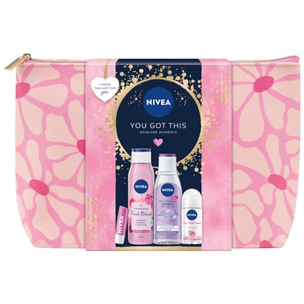 Nivea You Got This zestaw odświeżający żel pod prysznic 300ml + antyperspirant roll-on 50ml + pielęgnująca pomadka do ust 4.8g + kojący płyn micelarny 200ml + kosmetyczka