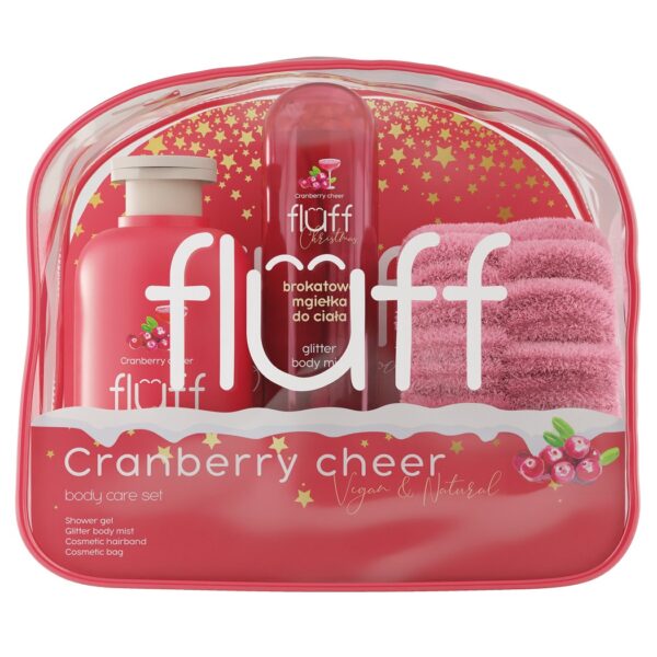 Fluff Cranberry Cheer zestaw żel pod prysznic 200ml + brokatowa mgiełka do ciała 80ml + opaska kosmetyczna