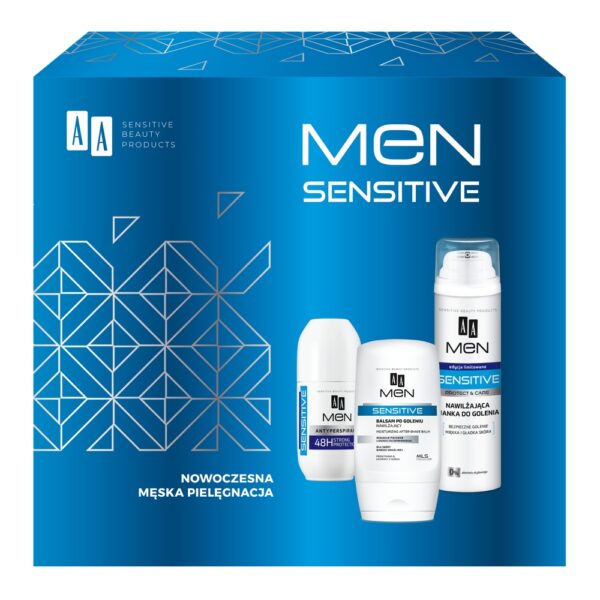 AA Men Sensitive zestaw balsam po goleniu 100ml + pianka do golenia 250ml + antyperspirant w kulce 50ml